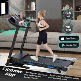 Electric Treadmill w/Auto Incline, Foldable 3.5HP Double Running Board Shock Absorption Pulse Sensor Bluetooth Speaker APP FITSHOW.