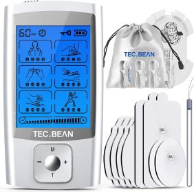 TEC.BEAN 24 Modes Rechargeable TENS Unit - Muscle Stimulator with 8 Electrode Pads (American Gel) for Pain Relief Therapy