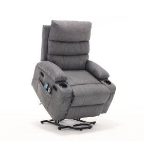 Electric Power Lift Recliner Chair, 8-point vibration Massage-lumber heat, 21"seat width, large size-Remote Control, Side Pockets-Cup Holders (Color: Gray)