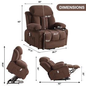 Power Lift Recliner Chair with Heat and Massage Electric Fabric Recliner with Side Pocket, USB Charge Port, Remote Control - Brown (Color: as Pic)